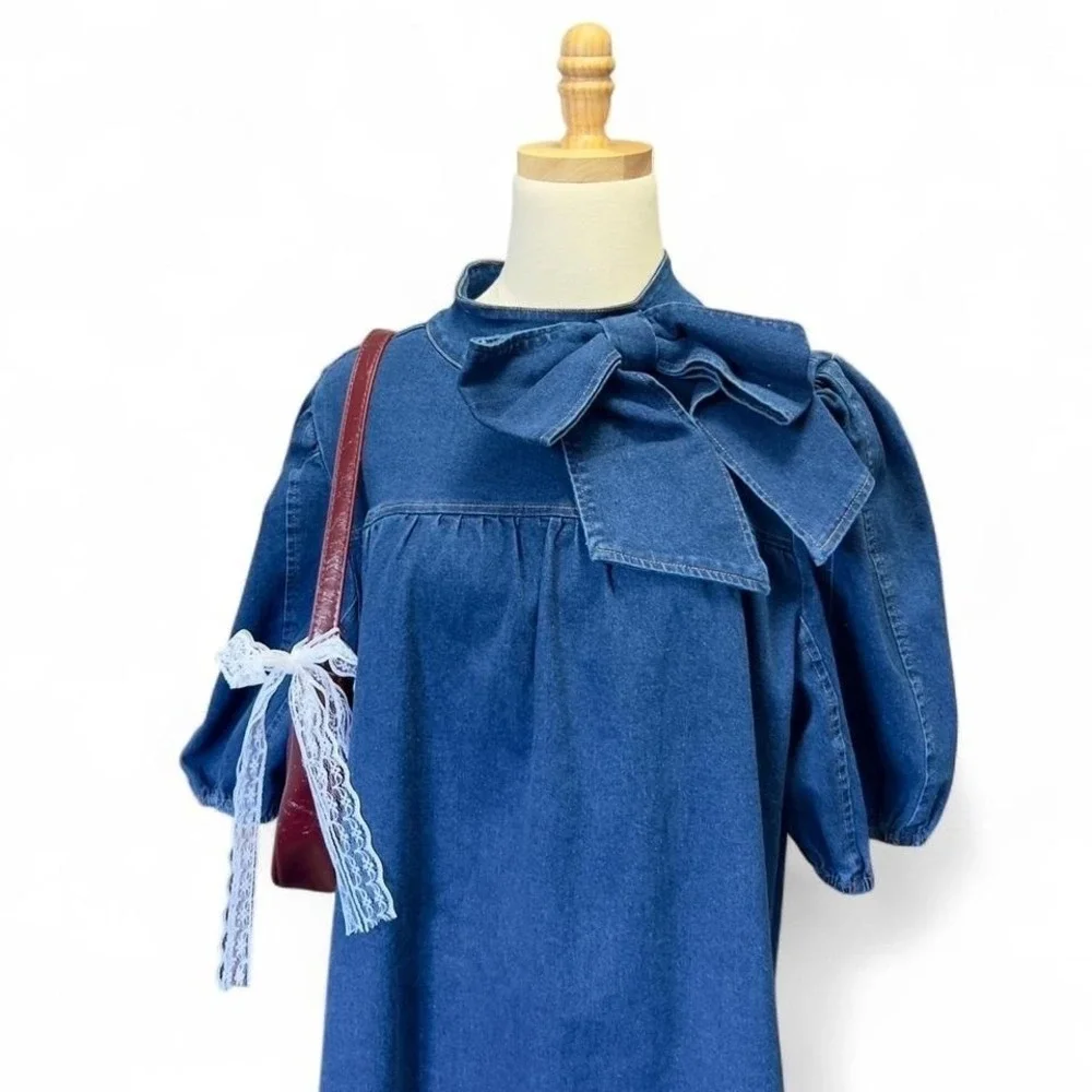 Sugar Lips Denim Bow Dress Aura Jacey Size Large Boho Preppy Western - Picture 3 of 8